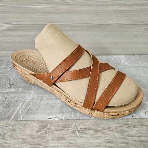 Crocs Women's A-Leigh Brown Leather Wedge Sandal Comfy Strappy Womens Size 11 - Picture 2 of 14